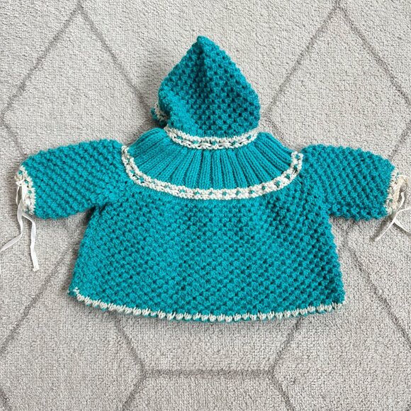 Handmade Vintage Baby Sweater With Hood & Duck Buttons/ Doll Clothes - Picture 4 of 5